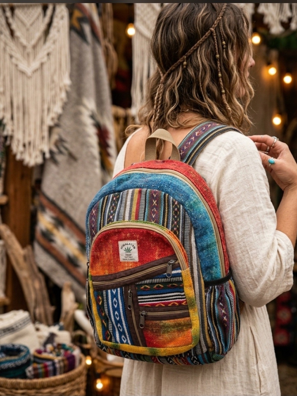 Colorful Hemp Boho Stripe Backpack - Multicolor